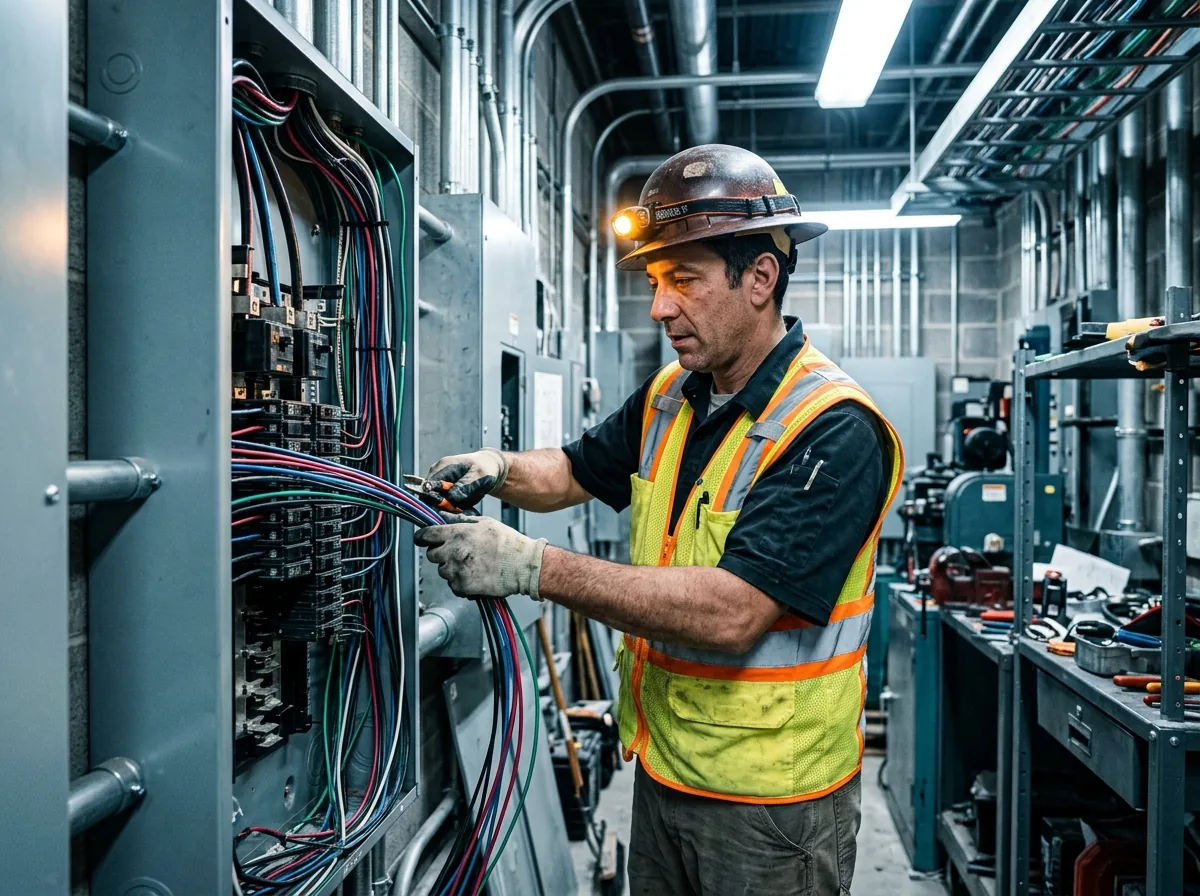 Electrician dressing a commercial panel