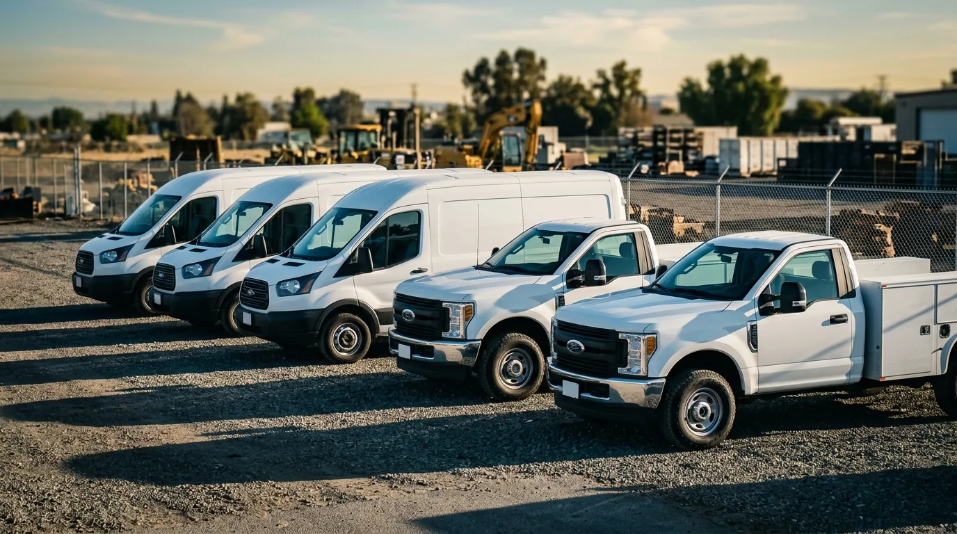 Contractor fleet trucks at morning yard