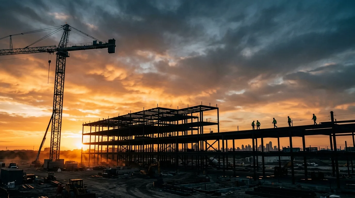 Steel framing and tower crane silhouetted against a Texas sunrise