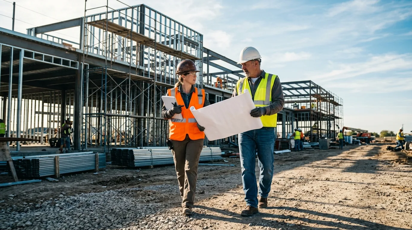 TradeGuard broker walking a job site with a general contractor